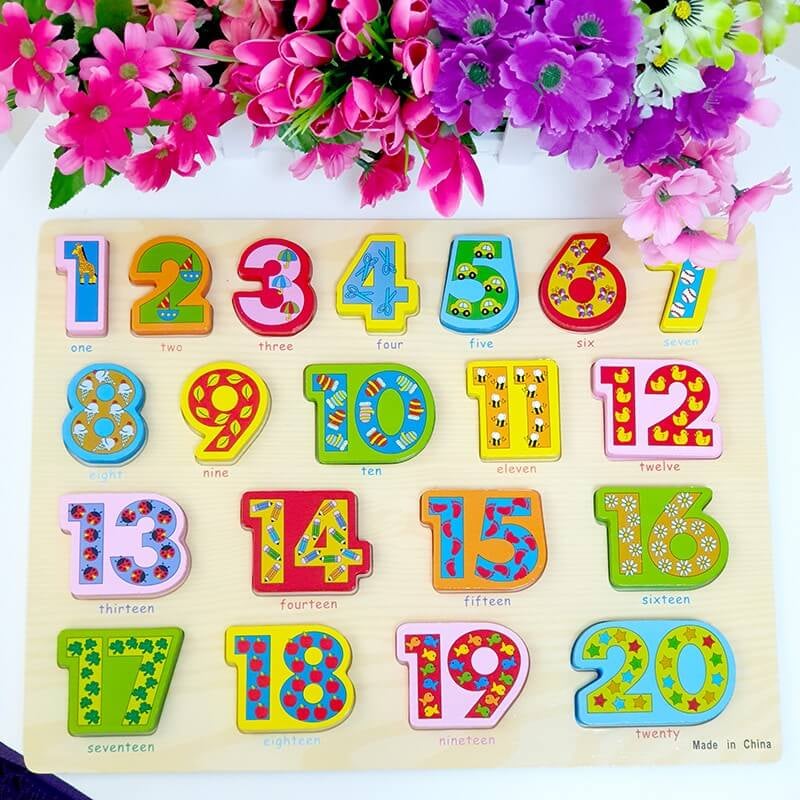 wooden number puzzle board featuring numbers 1 to 20