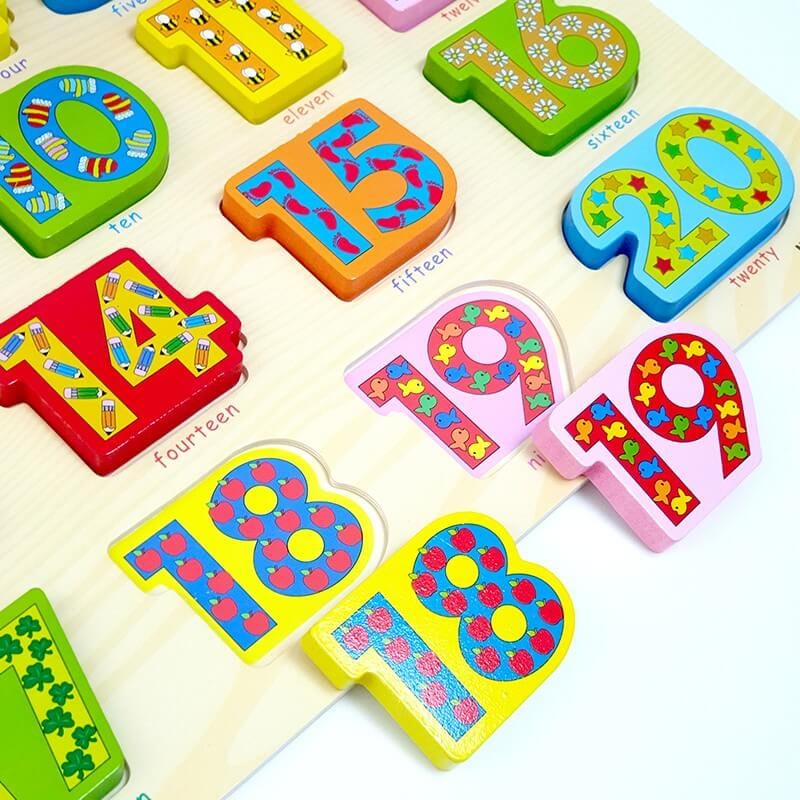 wooden number puzzle board featuring numbers 1 to 20