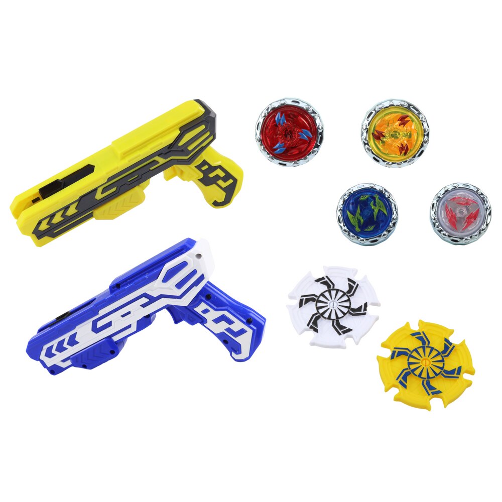 Ensemble Skid Fusion Top Double Gun comprenant deux pistolets lanceurs et quatre toupies en métal.