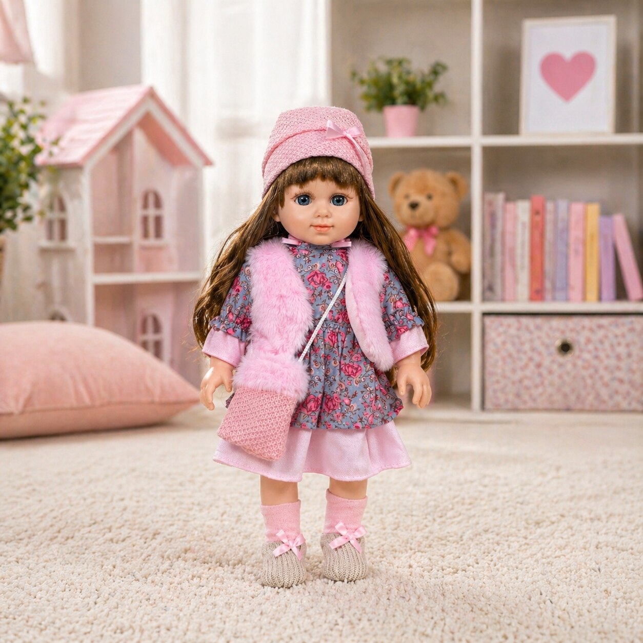 Poupée interactive Cufan Pretty Girl portant une robe à fleurs, un gilet rose et un bonnet en tricot assorti