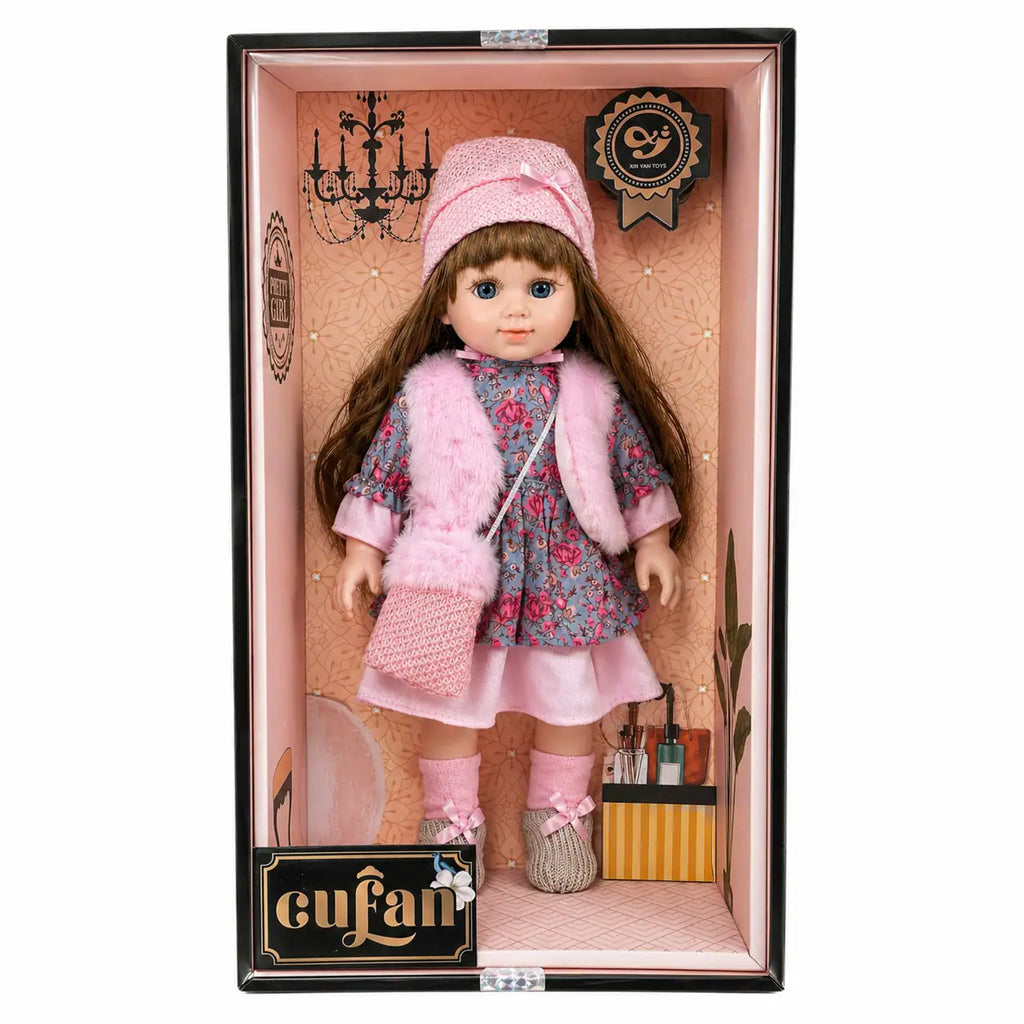 Poupée interactive Cufan Pretty Girl portant une robe à fleurs, un gilet rose et un bonnet en tricot assorti