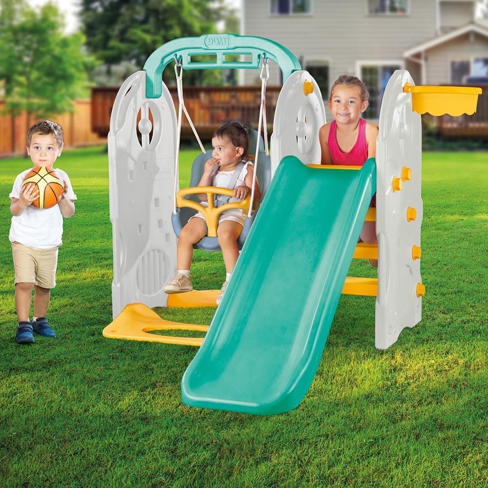 Cet ensemble de jeux de jardin DOLU 4 en 1 pour enfants comprend un toboggan bleu, une balançoire et une structure d'escalade aux couleurs vives.