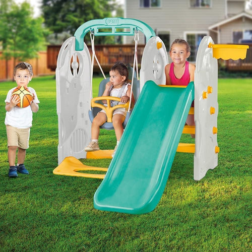 Cet ensemble de jeux de jardin DOLU 4 en 1 pour enfants comprend un toboggan bleu, une balançoire et une structure d'escalade aux couleurs vives.