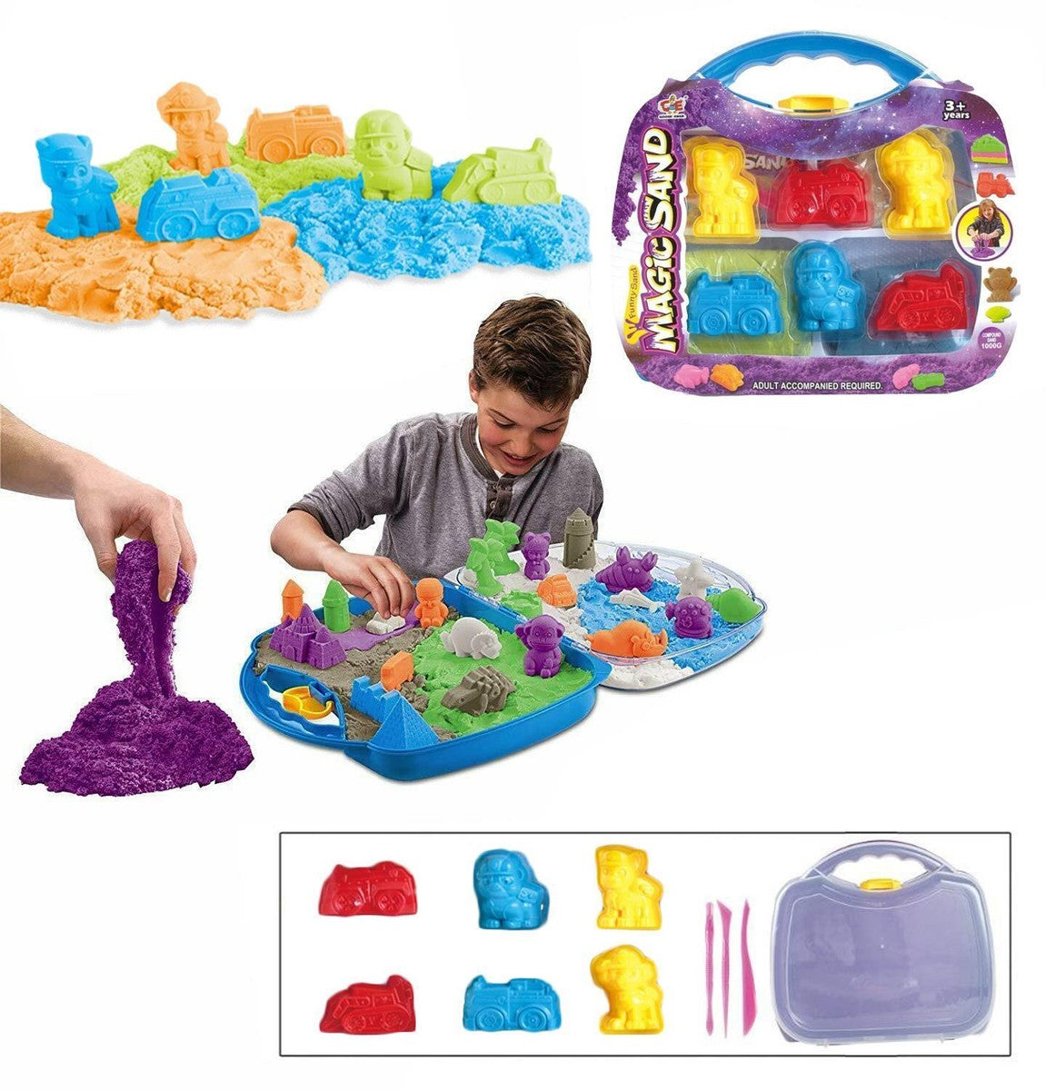 L'ensemble Toy Garden Moulding Magic Sand Dog Pups Edition comprend trois sables colorés et des moules spécialisés sur le thème des chiots.