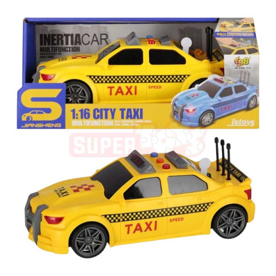 Voiture jouet à inertie de taxi urbain à l'échelle 1:16 de la marque Jiansheng, avec fonctions sonores et lumineuses.
