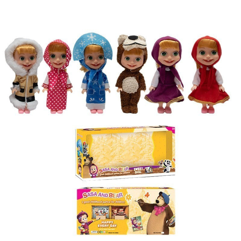 Coffret de poupées « Sasa et Ours » comprenant plusieurs figurines Masha dans différentes tenues.