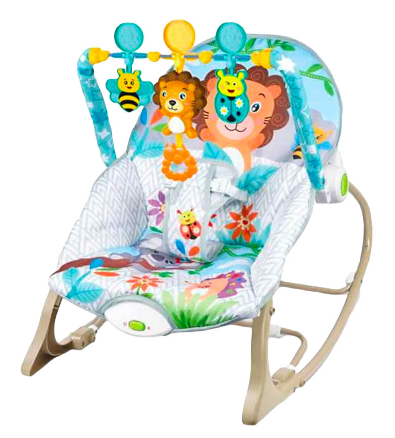 New Born branded Infant-to-Toddler Rocker featuring a lion toy bar and blue patterned fabric.