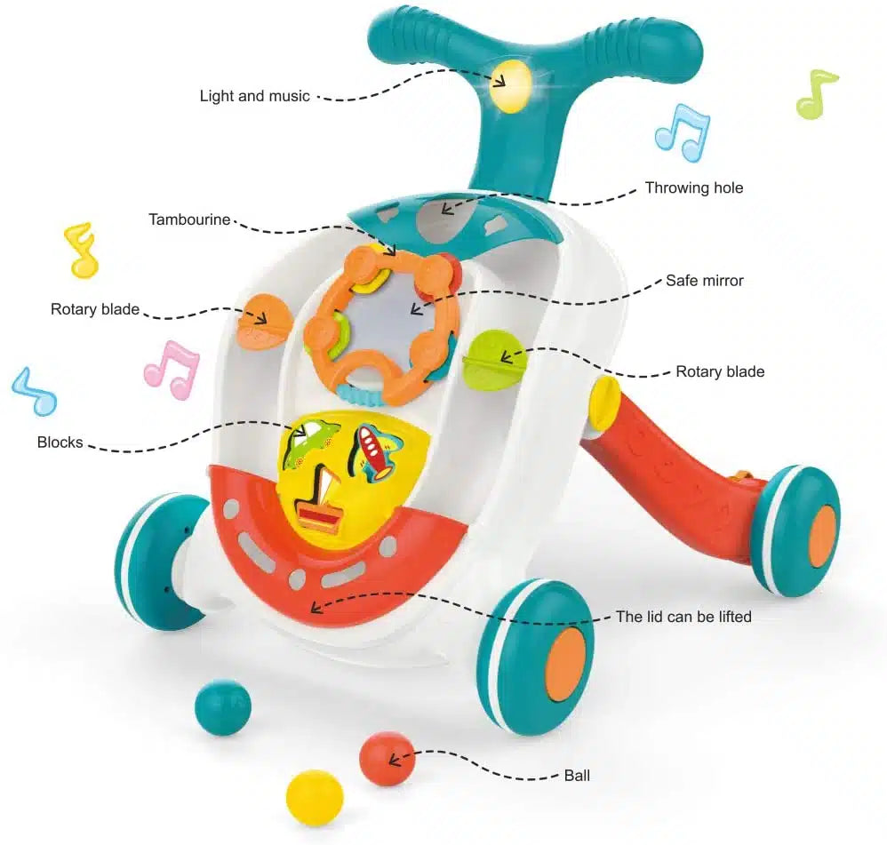 Kids Melody Rolling Ball Baby Walker in white and blue